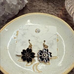 Gold and Black Floral Earrings